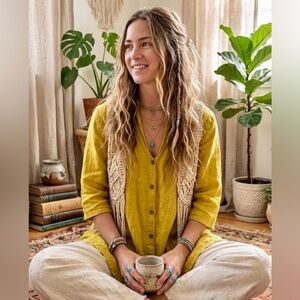 Cassie Giguère Mustard Yellow 100% Linen Button Down Tunic